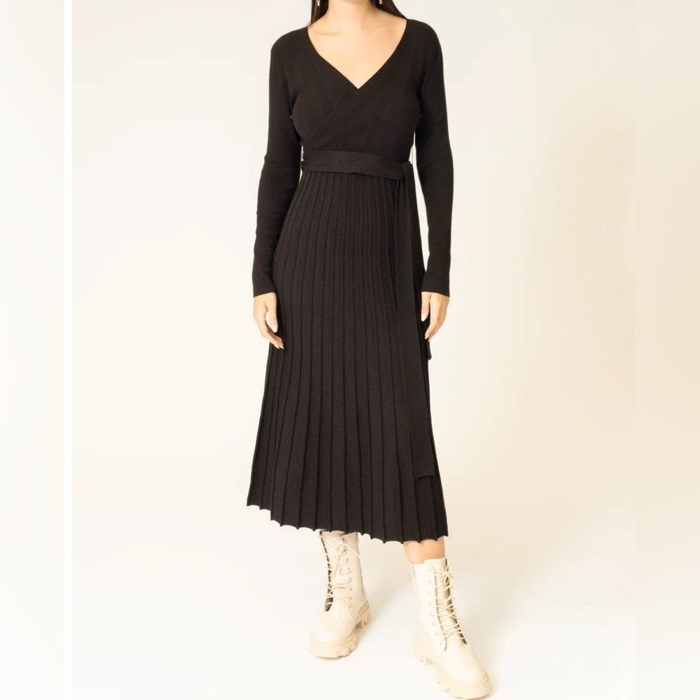 Area Stars Riley Midi Dress w Belth in Black Knit, Long Sleeve, Size Medium